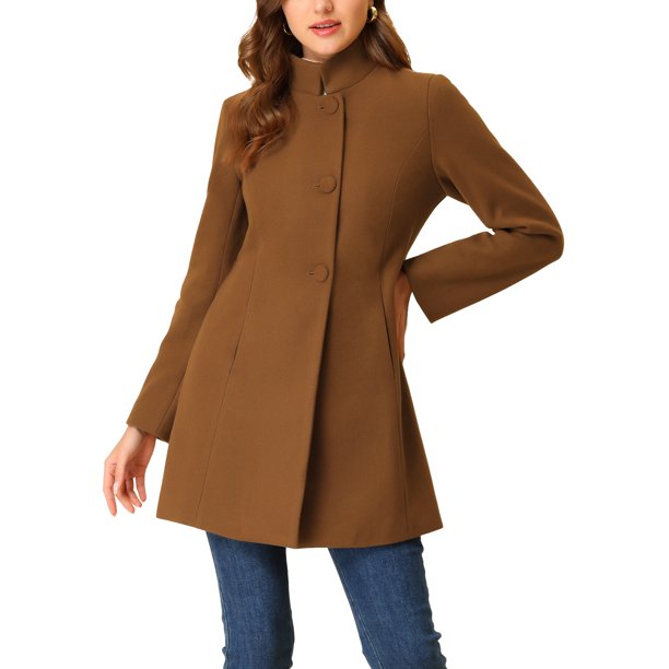 INSPIRE CHIC Abrigo de Mujer de Largo Medio con Cuello Alto, Abrigo de Invierno con Botones, Bolsillos Inclinados y Forro Completo, Marrón Oscuro Talla S