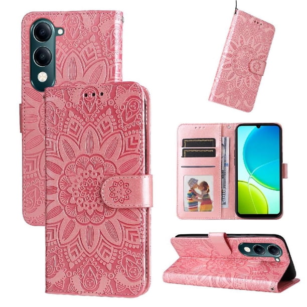 Funda tipo cartera FOXDOCK para Vivo Y04 , diseño girasol en relieve, cuero PU, cierre magnético, soporte y tarjetero