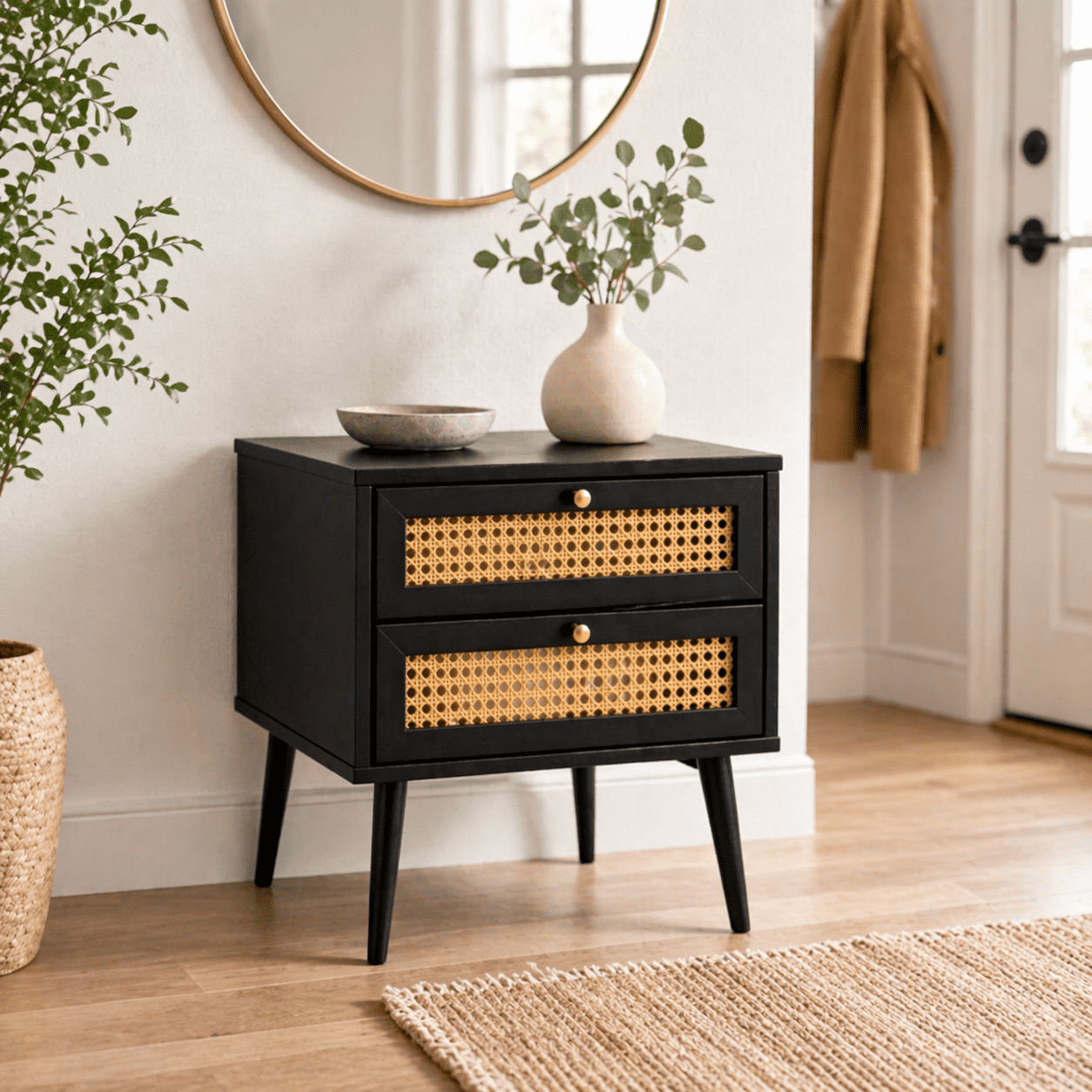 Space Home - Velador Negro 2 Cajones Con Rattan 40x40x62 Cm