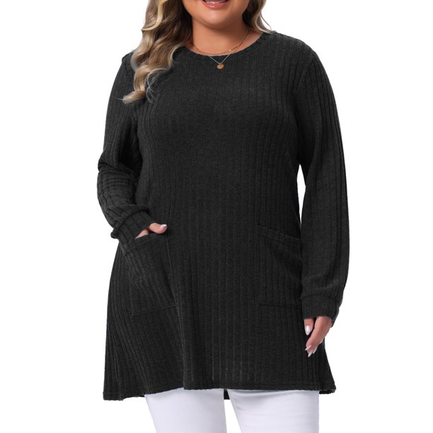 Agnes Orinda Conjuntos de Halloween Suéteres de Talla Grande para Mujeres Cuello Redondo Manga Larga Tejido de Punto Suelto con Bolsillo Jersey 4X Negro