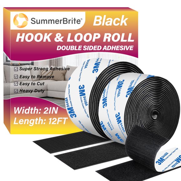 Cinta adhesiva tipo gancho y bucle Summerbrite, 12 pies x 2 pulgadas, muy resistente, negra
