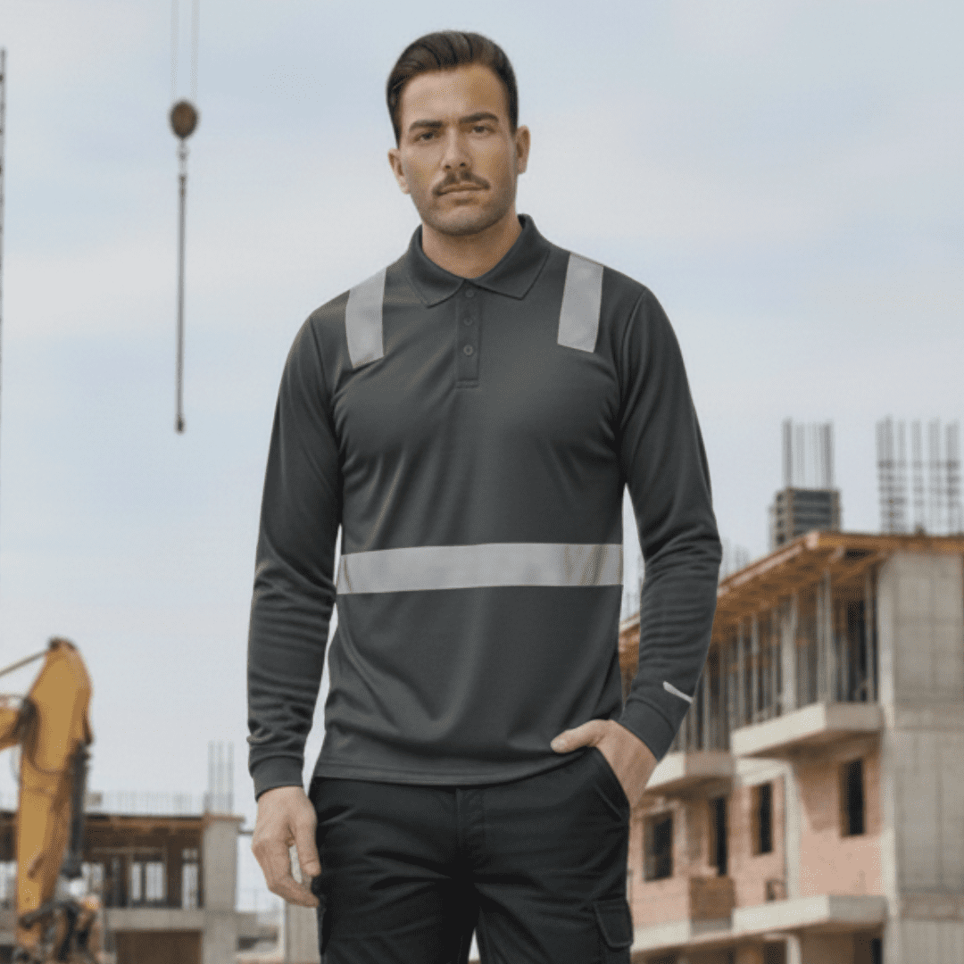 T-world - Polera Polo Manga Larga Reflectante Híbrida Cuello Piqué Gris Oscuro