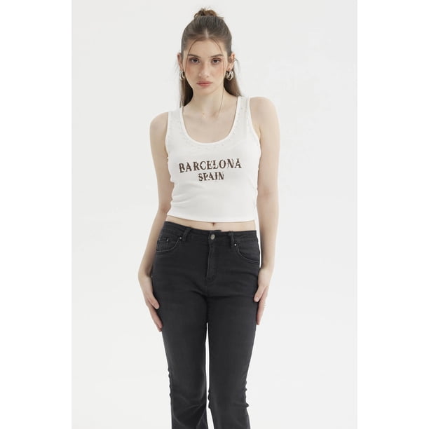 Polera Mujer Rib Aplicación Rivets Y Print Crudo