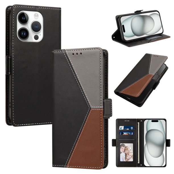 Cartera Plegable para iPhone 15 Pro Max, PU Tricolor con Ranuras, Negro