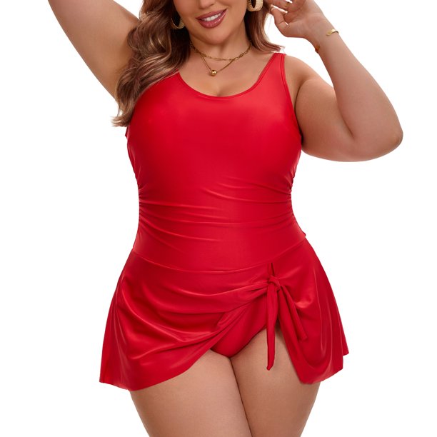 Agnes Orinda Traje de Baño para Mujer de Talla Grande Vestido de Baño Escote Redondo Push Up Control de Abdomen Lazo Lateral Playa Piscina Traje de Baño 2X Rojo