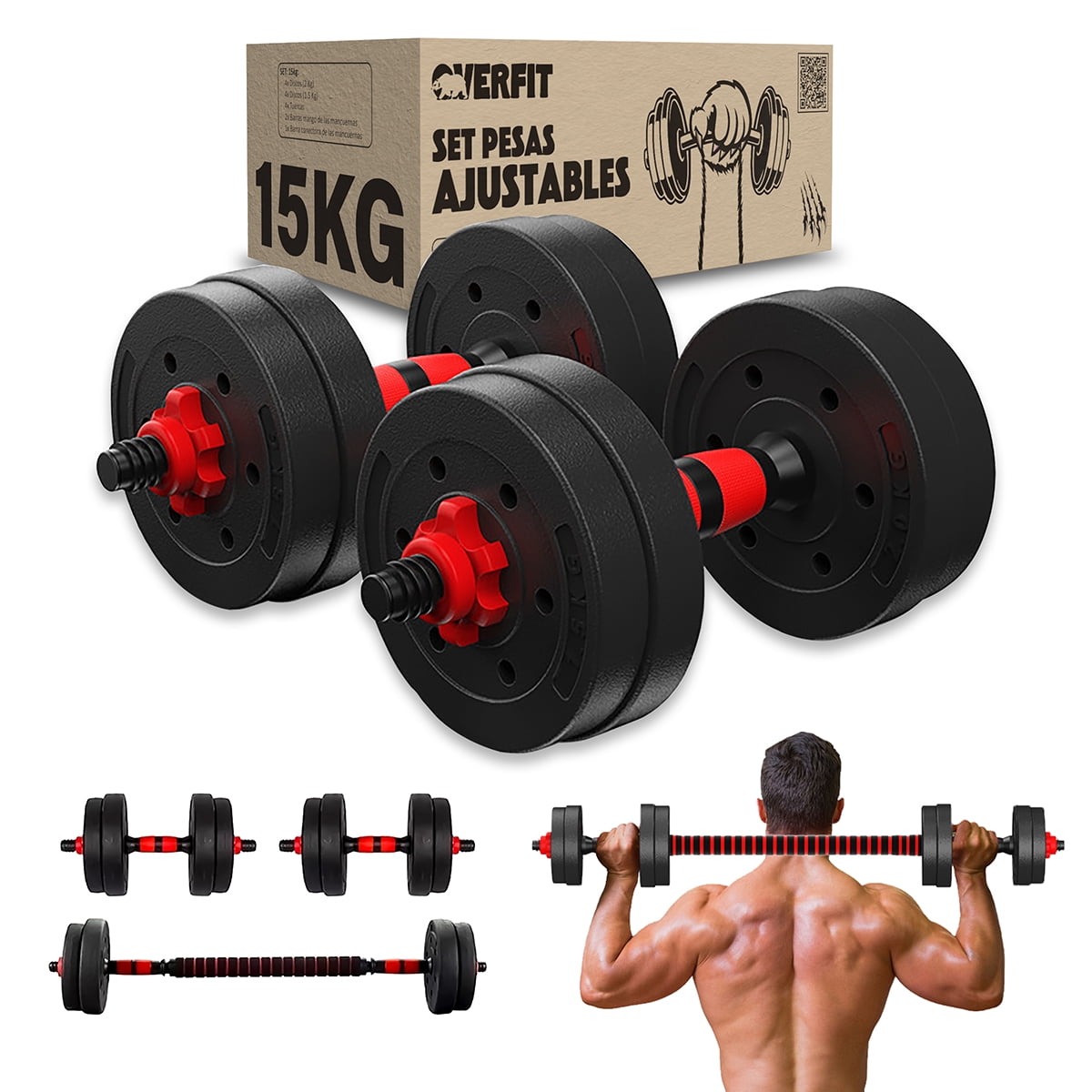 Overfit - Set Mancuernas Y Barra Unibles 15kg Fitness Pesas Ajustables