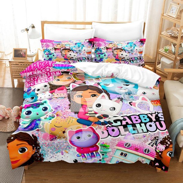 Gabbys Dollhouse Bedding Set Single Twin Full Size Bed Set Adult Kid Bedroom Duvet cover Sets Anime Bed Sheet Set Bed Sheets