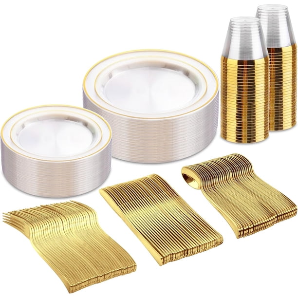 Set de Vajilla Plástica bUCLA ET3133 de 150 Piezas Transparente con Borde Dorado