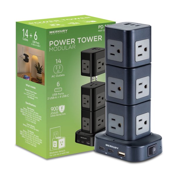 Torre de Enchufes Merkury 14 Tomas, 10 USB, Modular, Protector de 900 J