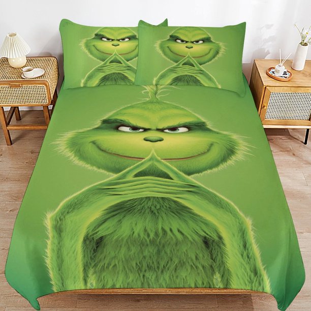 Grinch Bedding Sets Ultra Soft Skin-Friendly Duvet Cover 3 Piece, Cute Comforter Cover Bed Set for Boys Girls Kids