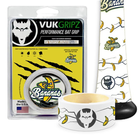 Cinta de agarre para bate de béisbol VukGripz Savannah Bananas blanca