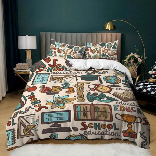 Back To School Themed Print Teens Gift Quilt Duvet Cover Set Children3-Piece Bedding Set