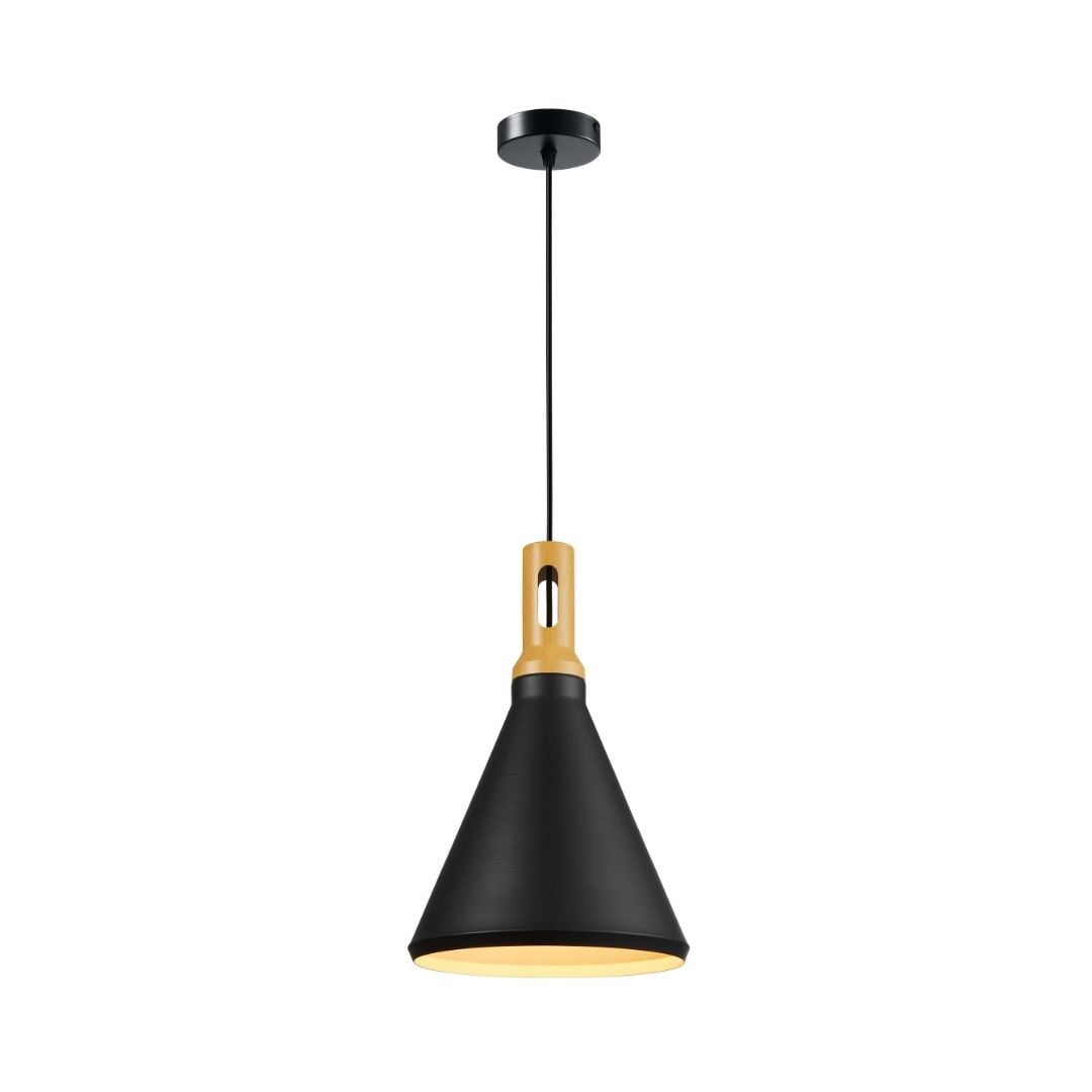 Electricastore - Lámpara Colgante Negra Toques De Madera 25cm