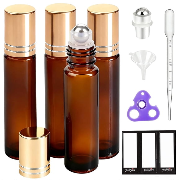PrettyCare 4 Pack Amber Glass Oil Roller Bottles for Essential Oils