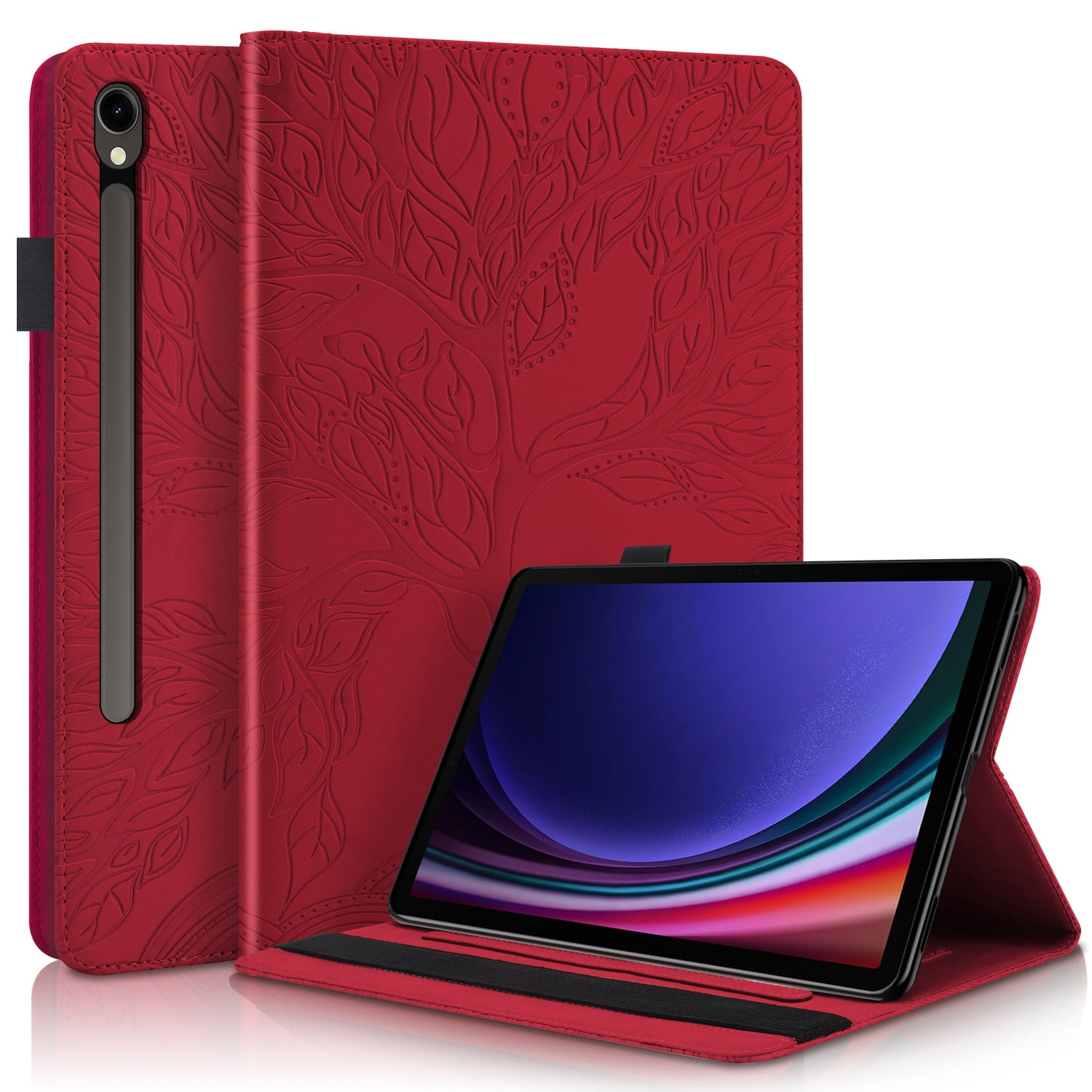 Foxdock - Funda Con Relieve Del Árbol De La Vida Para Tablet Samsung Galaxy Tab S10 Fe Plus(2025) Con Soporte, Ranuras Para Tarjetas Y Soporte Para Lápiz Óptico. Rojo