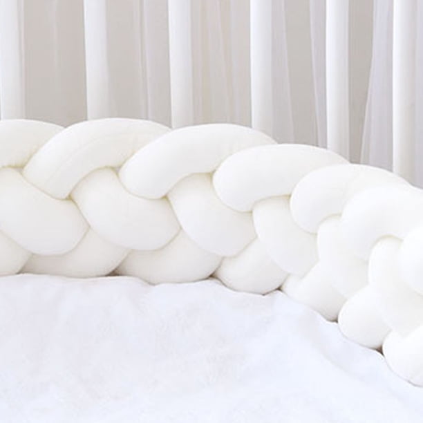 Almohada de cama trenzada de cuatro hebras con nudo largo tejido, bola kont, tira anticolisión para niños