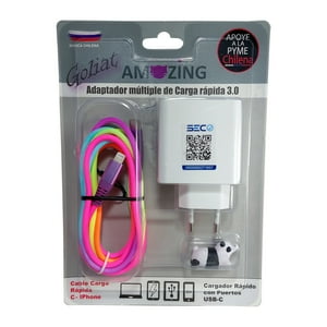 Amazing - Cargador Rápido 2 Tipo Usb / 1 Tipo C + Cable Tipo C A Tipo Lightning (Iphone) 2 Metros