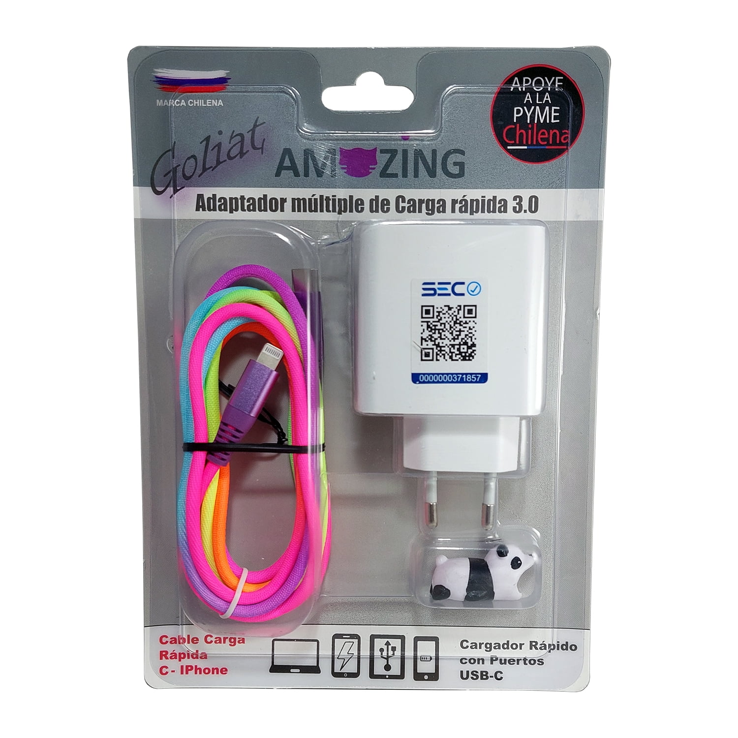 Amazing - Cargador Rápido 2 Tipo Usb / 1 Tipo C + Cable Tipo C A Tipo Lightning (iphone) 2 Metros