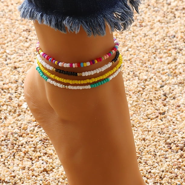 4-Piece Colorful Rice Beaded Ankle Bracelet Set - Perfect for Summer Beach Decor & Boho Jewelry!