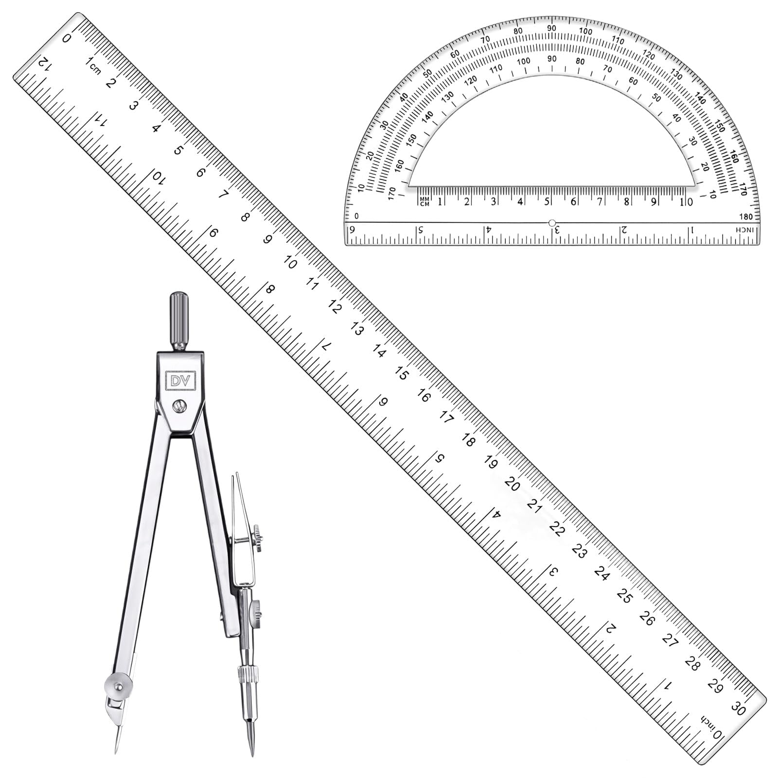 Set De Geometría Cntvo De 3 Piezas Con Regla, Transportador Y Brújula De 30 Cm