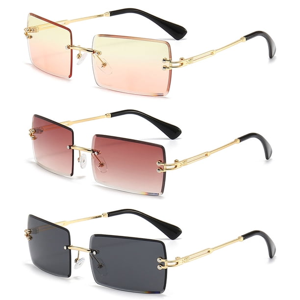 3 pares de gafas de sol rectangulares sin montura, tintadas, vintage, transparentes, rectangulares, estilo Y2K, para mujeres y hombres.