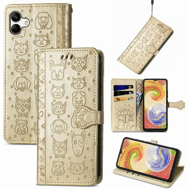 Funda Cartera FOXDOCK para Samsung Galaxy A04 , Flip PU con Relieve de Gatos y Perros, Tarjetero y Soporte