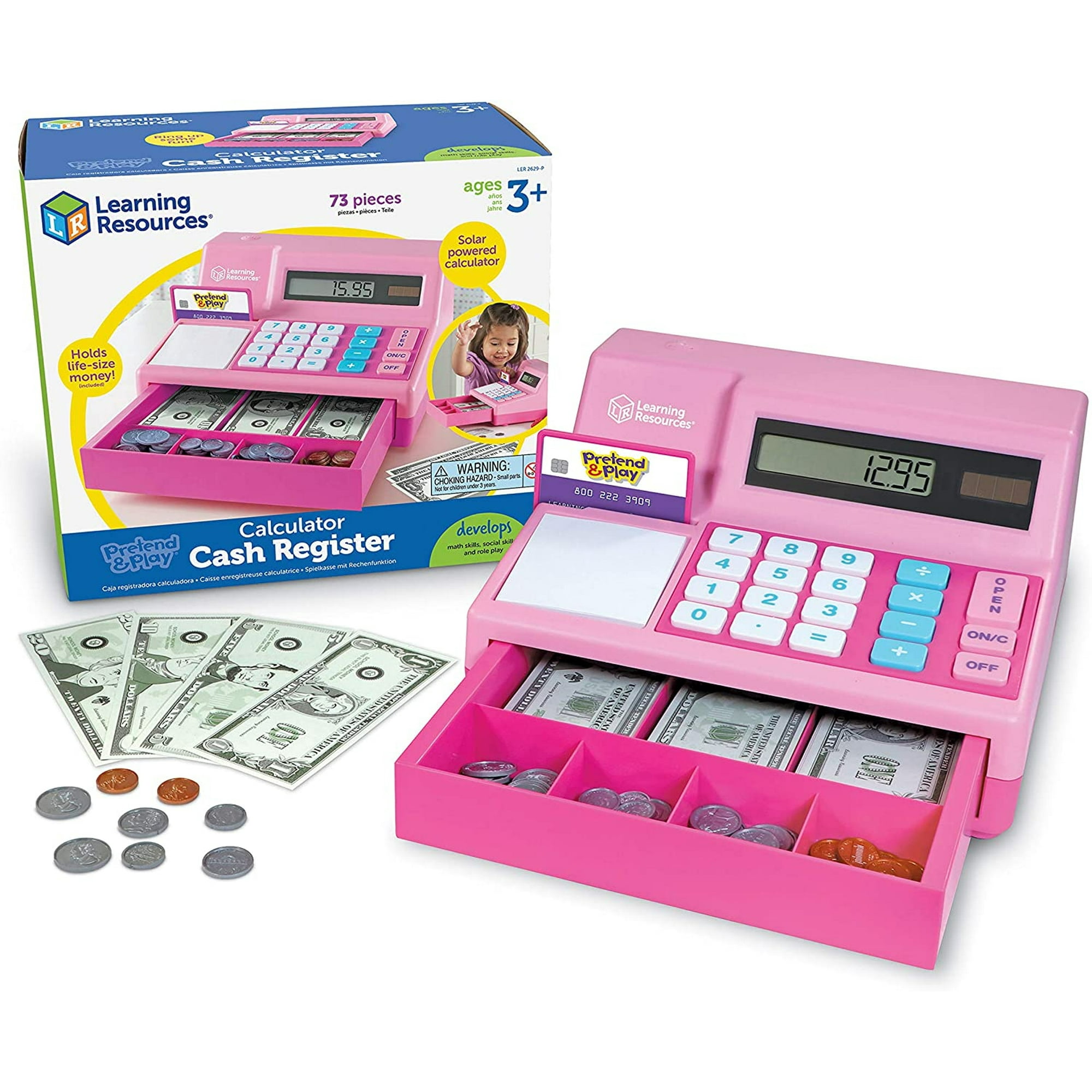 Learning Resources - Calculadora De Caja Registradora De Juego De Simulación, Desarrolla Habilidades Matemáticas Tempranas, 73 Piezas, Edades 3+, Rosa