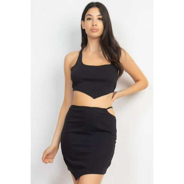 Conjunto de Top y Falda Asimétricos con Espalda Cruzada, Color Negro Talla S