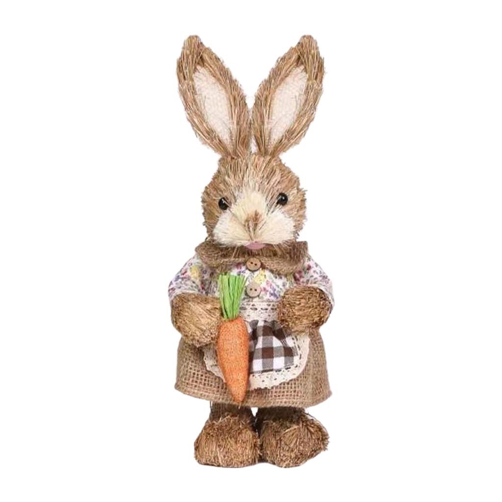 Magideal - Conejo De Paja Lindo Realista Con Zanahoria Figura De Pascua Con Zanahorias Tejido Simulación Adorno De Pie Para Jardín Niños Regalo Inicio Foto Prop Beige