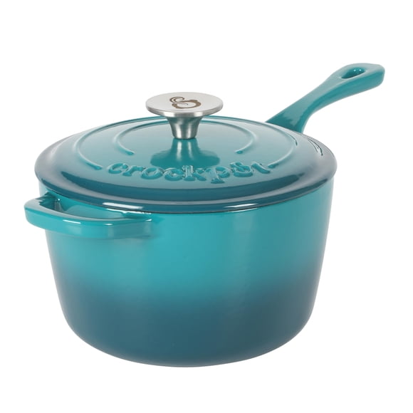 Sartén Crock-Pot de hierro fundido esmaltado de 3 litros con tapa, color verde azulado degradado