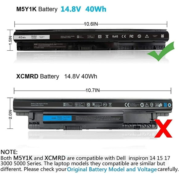 Batería de 40WH M5Y1K 14.8V para Dell Inspiron 14 15 17 5000 3000 Series 5559 5558 3551 3451 3558 i3558 3567 5755 5756 5458 5759 5758 5759 GXVJ3 453-BBBQ WKRJ2 VN3N0 HD4J0 991XP P63F P47F P51F P52F P6
