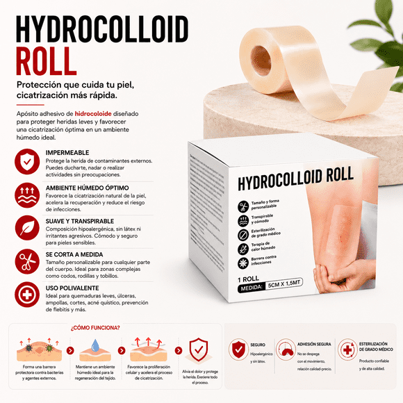 Rollo Hidrocoloide Cuidado Heridas, Ampollas, Acné 5cm x 1,5mt Recovery