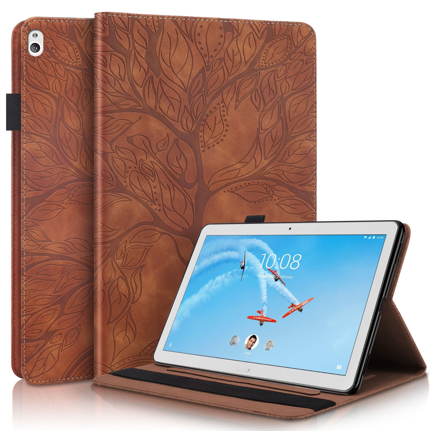Foxdock - Funda Con Relieve Del Árbol De La Vida Para Tablet Lenovo Tab M10 Con Soporte, Ranuras Para Tarjetas Y Soporte Para Lápiz Óptico. Marrón