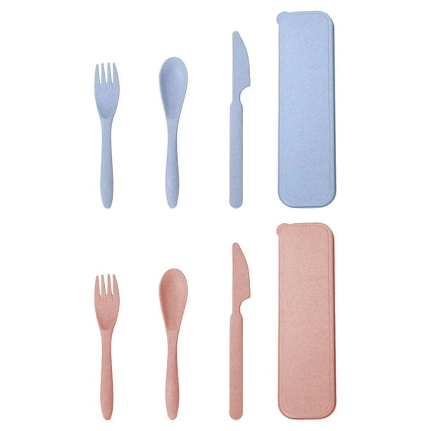 Juego de utensilios de viaje con estuche, 2 juegos de tenedores, cucharas y cuchillos de plástico portátiles de paja de trigo para acampar, vajilla ecológica sin BPA para el almuerzo, ideal para niños