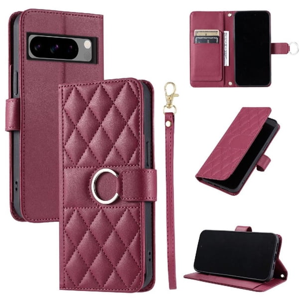 Funda Acolchada con Anilla y Correa para Google Pixel 8 Pro Slots para Tarjetas Rojo
