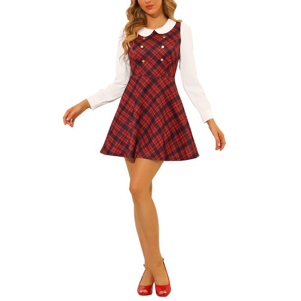 INSPIRE CHIC Vestido Mini de Línea A con Cuello Peter Pan de Manga Larga a Cuadros para Mujer, Regreso a Clases, Talla S, Rojo