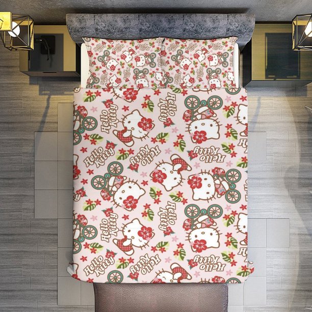 Hello Kitty Riding A Bicycle 3 Pieces Duvet Cover Set Full Size Super Soft Fade Resistant Microfiber