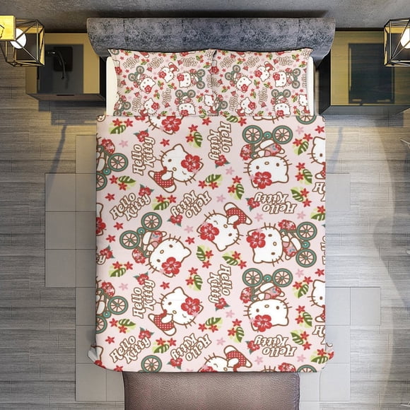 Hello Kitty Riding A Bicycle 3 Pieces Duvet Cover Set Full Size Super Soft Fade Resistant Microfiber