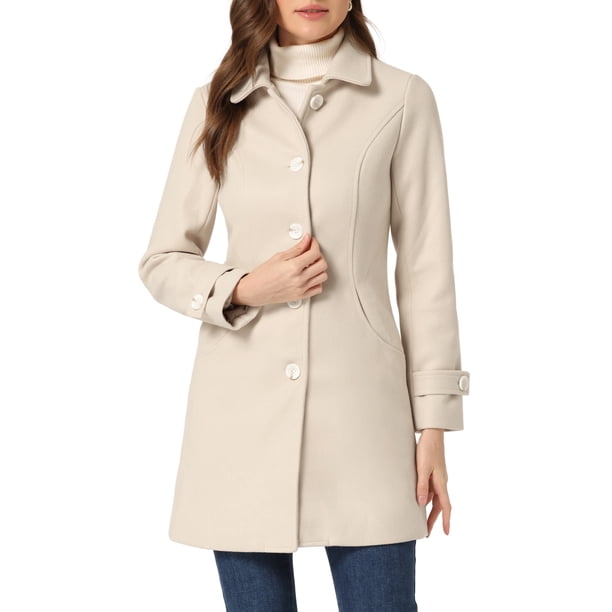 INSPIRE CHIC Abrigo de Invierno para Mujer con Cuello Peter Pan, Corte en Línea A hasta el Muslo, con Botonadura Simple, Color Beige, Talla L