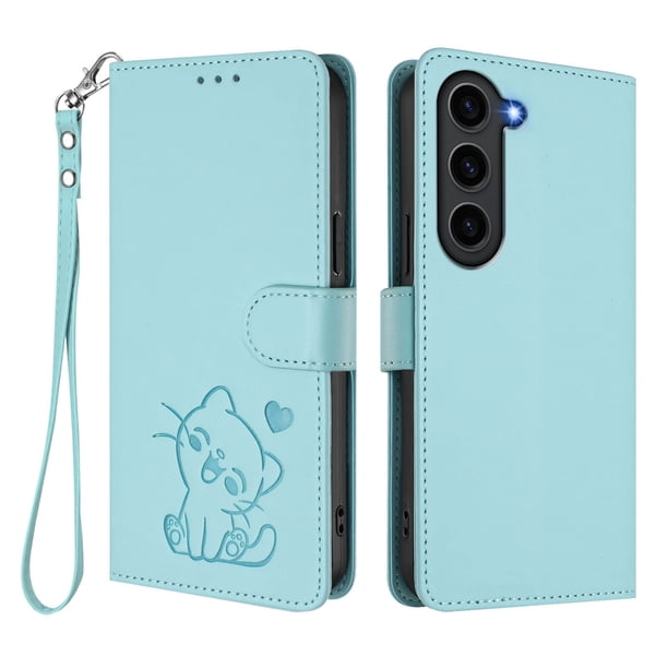 Funda Volteable con Diseño de Gato para Samsung Galaxy S23 FE, Verde Claro