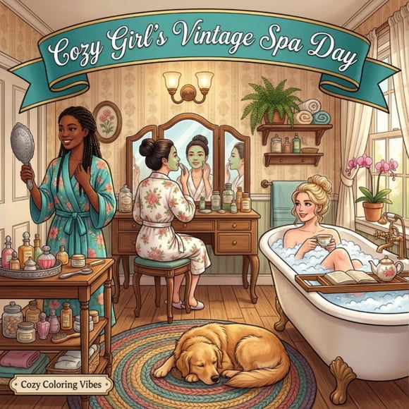 Libro para colorear Cozy Girl’s Vintage Spa Day con rituales de autocuidado