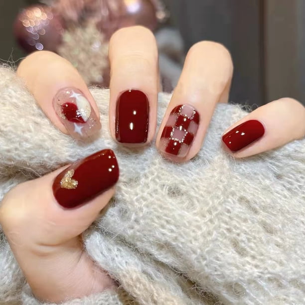 24 Pcs Removable Fake Nail Sweetness Clear Checkered Heart Nail Patched,Full Cover Acrylic False Nails For Women And Girls