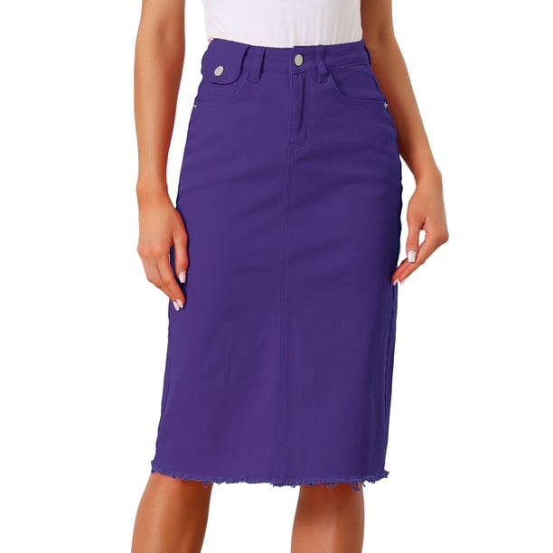 INSPIRE CHIC Falda de Mezclilla de Cintura Alta para Mujer Falda de Jean a la Rodilla con Dobladillo Deshilachado y Bolsillos Púrpura S