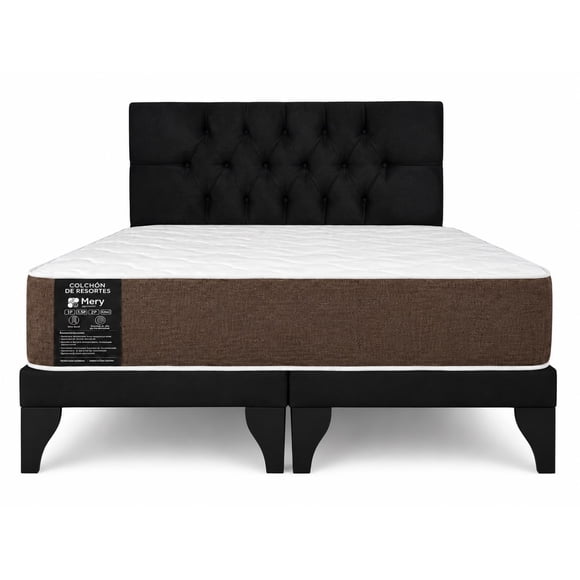 Cama 2 plazas + Respaldo 2P Capitone Negro + Colchón 2P Mery Desing