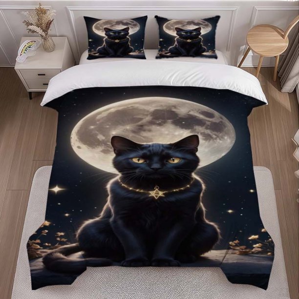 3pcss Set Black Cat Starry Night Printed Duvet Set Theme Bedding 3pcss Duvet Cover Pillowcase Set Soft