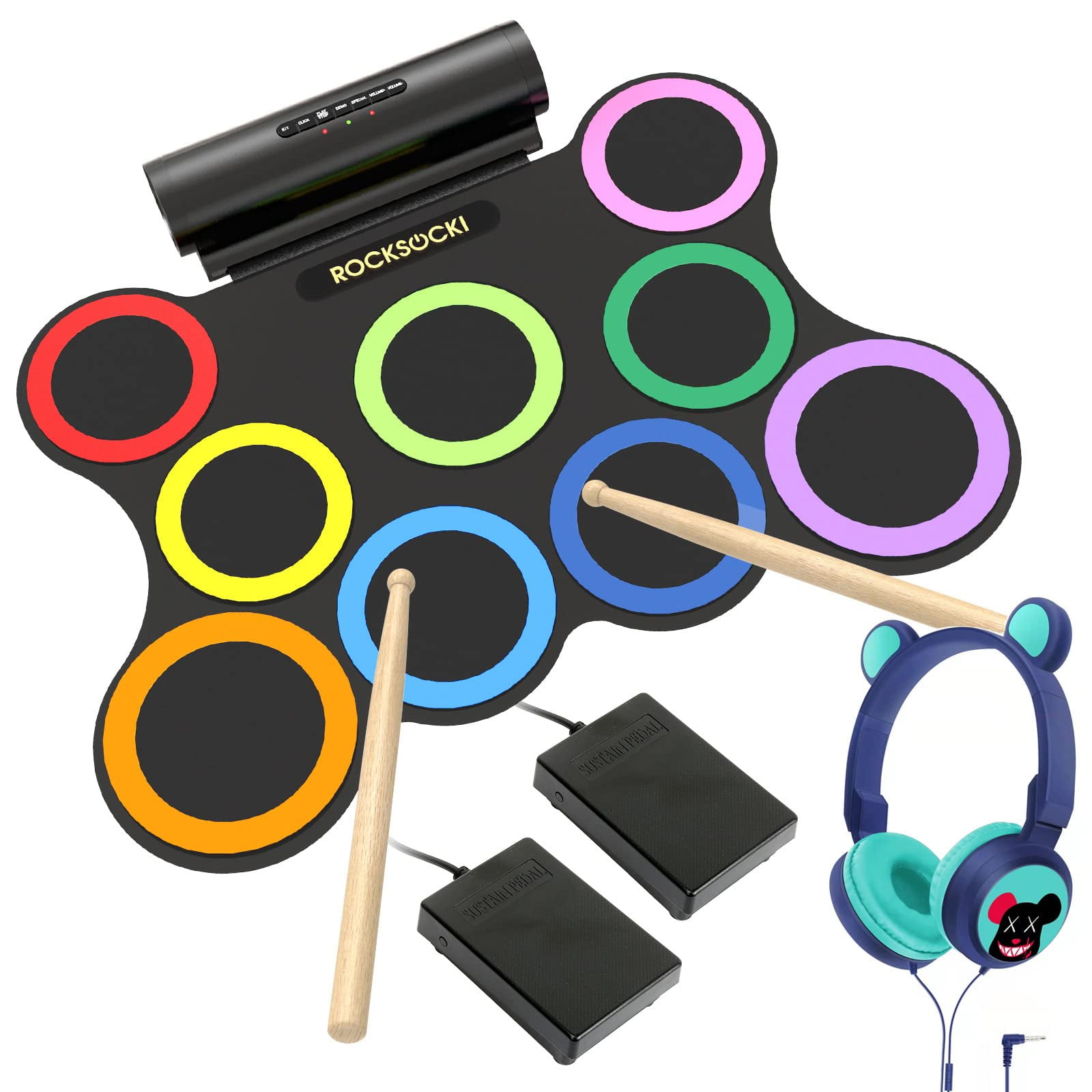 Batería Eléctrica Rocksocki De 9 Almohadillas Con Auriculares Para Niños