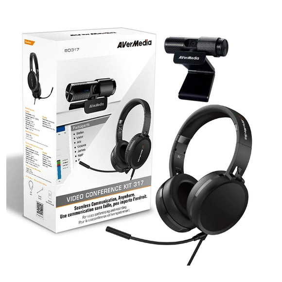Kit de videoconferencia AVerMedia BO317 con cámara web 1080p y auriculares USB. Accesorios para videoconferencias y juegos para PC y portátiles.