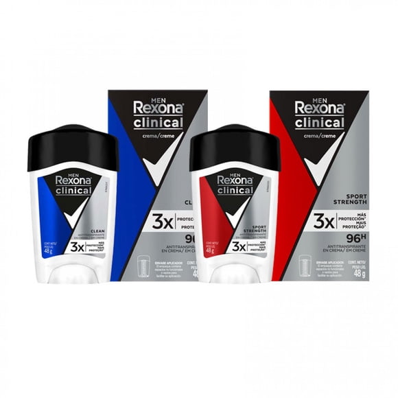 Desodorante Crema Rexona Men Clinical Clean y Sport Strengh Hombre, 2 un
