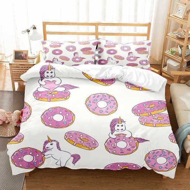 Cartoon Unicorn Rainbow Ice Cream Cloud Quilt Duvet Cover Set Soft3-Piece Bedding Set