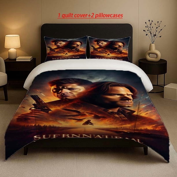 Winchester Brothers Supernatural Battle Flame Background Poster Pattern Bedding Set Soft and Comfortable Suitable for All Seasons